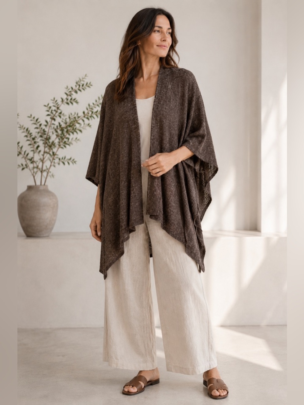 Eileen Fisher NWT Speckle Wool Linen Poncho Wrap Clove OS Lightweight